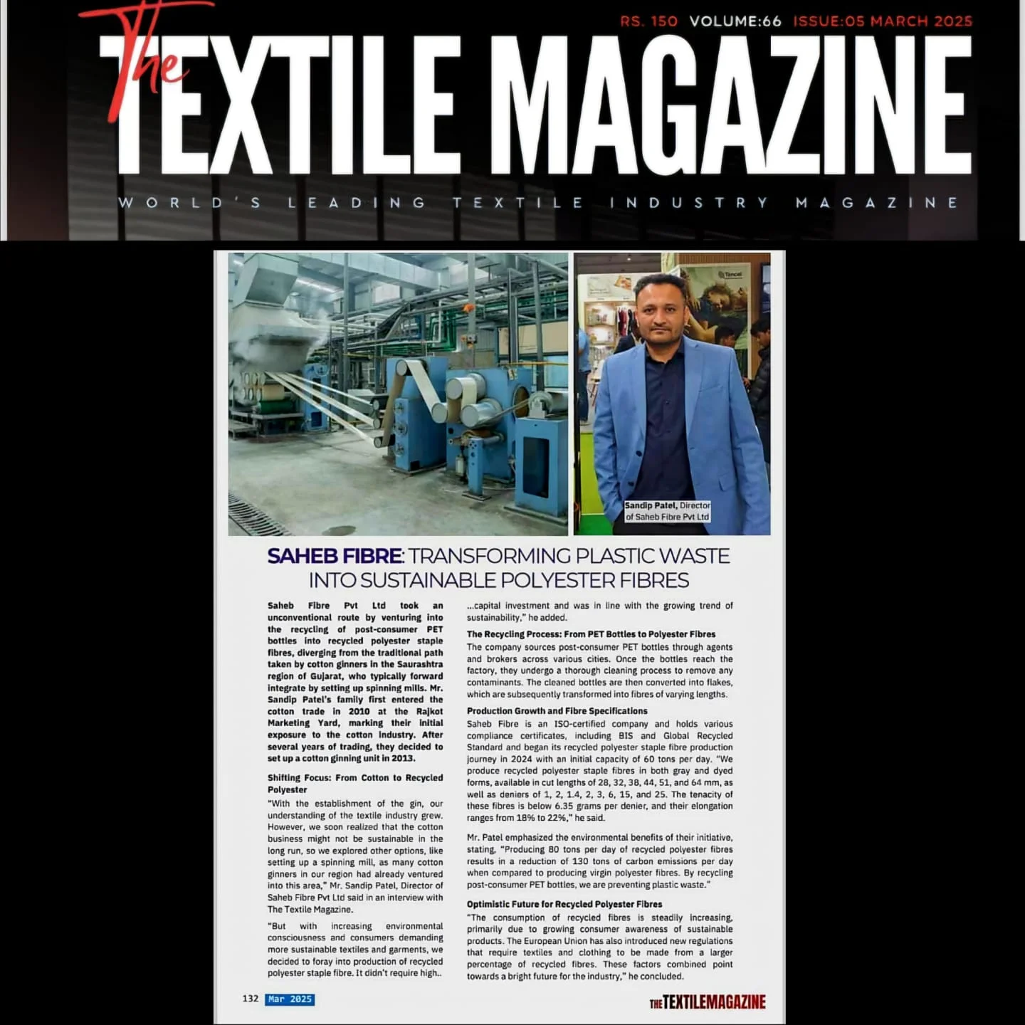 The Textile Magazine Features Saheb Fibre RPSF Manufacturing